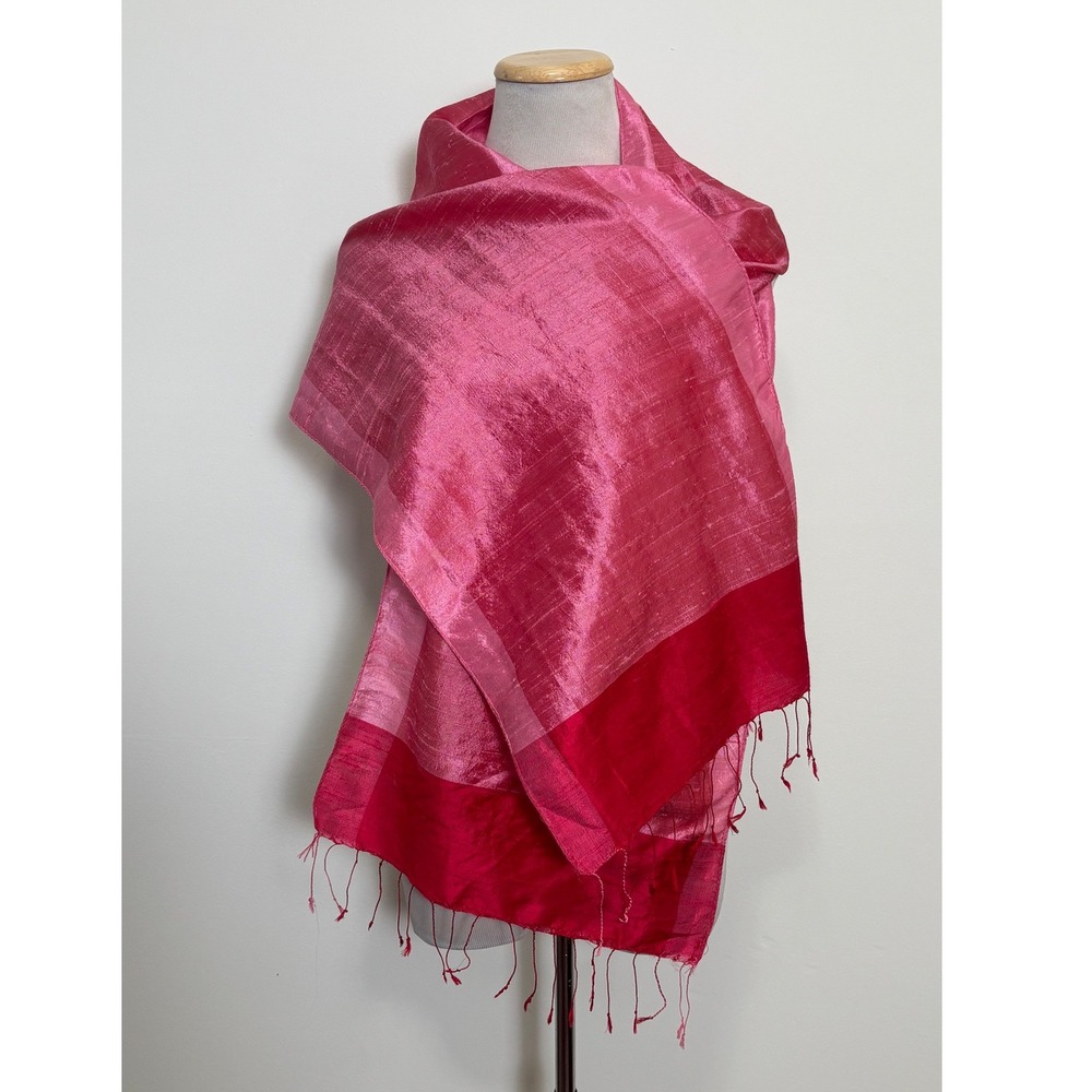 Dupion Womens Silk Scarf Wrap Shawl OS Pink Red Two Tone Fringe Trim Formal